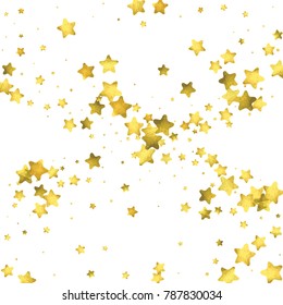 Star confetti. Gold random confetti background. Bright design template. Vector white and yellow cover template. Birthday or wedding invitation template. Abstract card for gifts. 2018 new year greeting