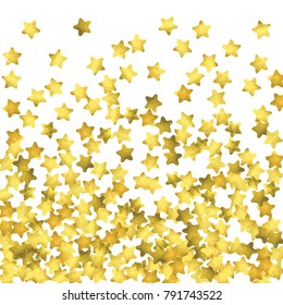 Star confetti. Gold random confetti background. Bright design template. Vector white and yellow cover template. Birthday or wedding invitation template. Abstract card for gifts. 2018 new year greeting