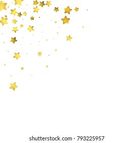 Star confetti. Gold random confetti background. Bright design template. Vector white and yellow cover template. Birthday or wedding invitation template. Abstract card for gifts. 2018 new year greeting