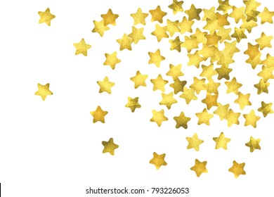 Star confetti. Gold random confetti background. Bright design template. Vector white and yellow cover template. Birthday or wedding invitation template. Abstract card for gifts. 2018 new year greeting