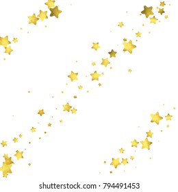 Star confetti. Gold random confetti background. Bright design template. Vector white and yellow cover template. Birthday or wedding invitation template. Abstract card for gifts. 2018 new year greeting