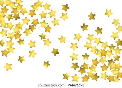 Star confetti. Gold random confetti background. Bright design template. Vector white and yellow cover template. Birthday or wedding invitation template. Abstract card for gifts. 2018 new year greeting