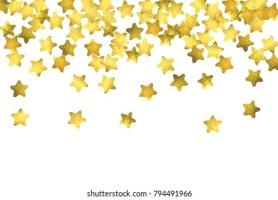 Star confetti. Gold random confetti background. Bright design template. Vector white and yellow cover template. Birthday or wedding invitation template. Abstract card for gifts. 2018 new year greeting