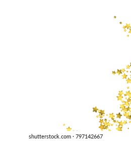 Star confetti. Gold random confetti background. Bright design template. Vector white and yellow cover template. Birthday or wedding invitation template. Abstract card for gifts. 2018 new year greeting