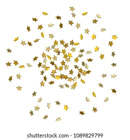 Star confetti. Golden casual confetti background.  Illustration of flying shiny stars. Decorative element. Bright design pattern. Suitable for your design, cards, invitations, gift, vip.