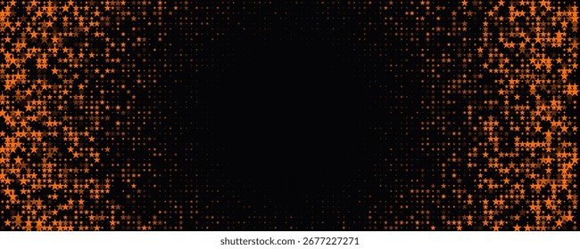 Star Confetti Halftone Border Background, Orange Stars On Black With Center Copy Space, Festive Night Party Template For Halloween, Autumn, Celebration, Poster, Banner, Invite. Vector Illustration.