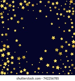 Star confetti isolated on black background. Falling magic particles. Celebration card template with watercolor flying gold elements. Christmas party invitation mock up. Starry explosion backdrop.