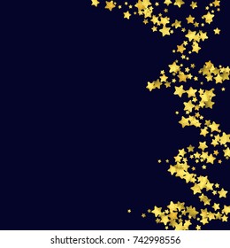 Star confetti isolated on black background. Falling magic particles. Celebration card template with watercolor flying gold elements. Christmas party invitation mock up. Starry explosion backdrop.