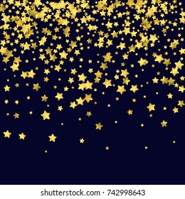 Star confetti isolated on black background. Falling magic particles. Celebration card template with watercolor flying gold elements. Christmas party invitation mock up. Starry explosion backdrop.