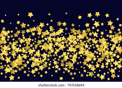 Star confetti isolated on black background. Falling magic particles. Celebration card template with watercolor flying gold elements. Christmas party invitation mock up. Starry explosion backdrop.