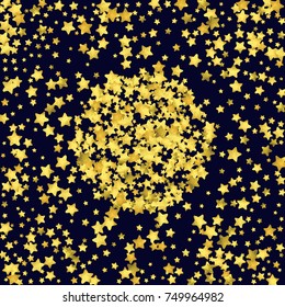 Star confetti isolated on black background. Falling magic particles. Celebration card template with watercolor flying gold elements. Christmas party invitation mock up. Starry explosion backdrop.