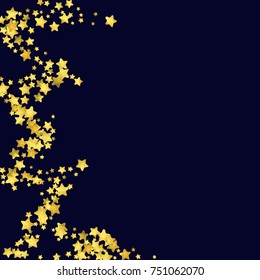 Star confetti isolated on black background. Falling magic particles. Celebration card template with watercolor flying gold elements. Christmas party invitation mock up. Starry explosion backdrop.