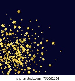 Star confetti isolated on black background. Falling magic particles. Celebration card template with watercolor flying gold elements. Christmas party invitation mock up. Starry explosion backdrop.