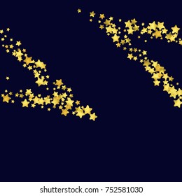 Star confetti isolated on black background. Falling magic particles. Celebration card template with watercolor flying gold elements. Christmas party invitation mock up. Starry explosion backdrop.