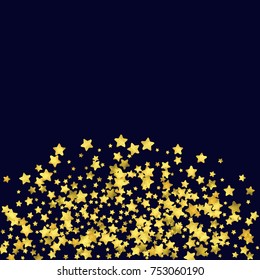 Star confetti isolated on black background. Falling magic particles. Celebration card template with watercolor flying gold elements. Christmas party invitation mock up. Starry explosion backdrop.