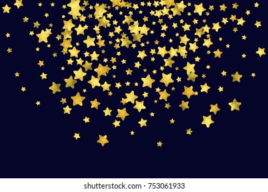 Star confetti isolated on black background. Falling magic particles. Celebration card template with watercolor flying gold elements. Christmas party invitation mock up. Starry explosion backdrop.