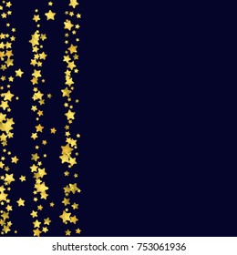 Star confetti isolated on black background. Falling magic particles. Celebration card template with watercolor flying gold elements. Christmas party invitation mock up. Starry explosion backdrop.