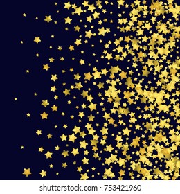 Star confetti isolated on black background. Falling magic particles. Celebration card template with watercolor flying gold elements. Christmas party invitation mock up. Starry explosion backdrop.