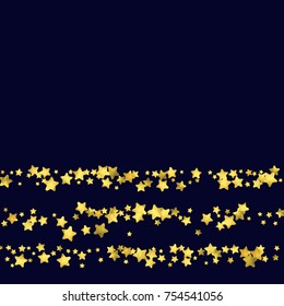 Star confetti isolated on black background. Falling magic particles. Celebration card template with watercolor flying gold elements. Christmas party invitation mock up. Starry explosion backdrop.