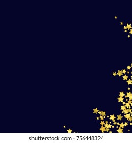 Star confetti isolated on black background. Falling magic particles. Celebration card template with watercolor flying gold elements. Christmas party invitation mock up. Starry explosion backdrop.