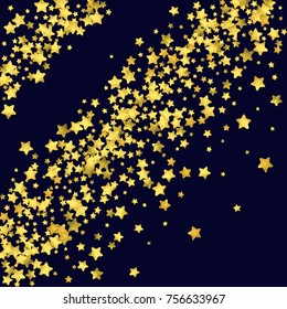 Star confetti isolated on black background. Falling magic particles. Celebration card template with watercolor flying gold elements. Christmas party invitation mock up. Starry explosion backdrop.