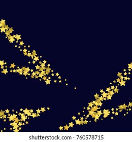 Star confetti isolated on black background. Falling magic particles. Celebration card template with watercolor flying gold elements. Christmas party invitation mock up. Starry explosion backdrop.