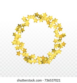 Star confetti isolated on transparent background. Falling magic particles. Celebration card template with watercolor gold gouache elements. Christmas party wreath mock up. Starry winner backdrop. 