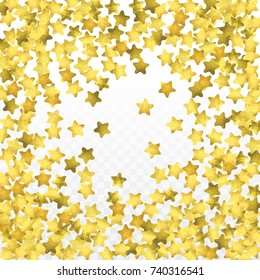 Star confetti isolated on transparent background. Falling magic particles. Celebration card template with watercolor gold gouache elements. Christmas party invitation mock up. Starry winner backdrop. 
