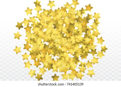 Star confetti isolated on transparent background. Falling magic particles. Celebration card template with watercolor gold gouache elements. Christmas party invitation mock up. Starry winner backdrop. 