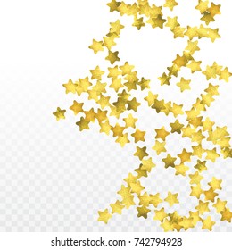 Star confetti isolated on transparent background. Falling magic particles. Celebration card template with watercolor gold gouache elements. Christmas party invitation mock up. Starry winner backdrop. 