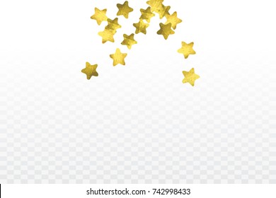 Star confetti isolated on transparent background. Falling magic particles. Celebration card template with watercolor gold gouache elements. Christmas party invitation mock up. Starry winner backdrop. 