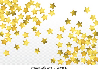 Star confetti isolated on transparent background. Falling magic particles. Celebration card template with watercolor gold gouache elements. Christmas party invitation mock up. Starry winner backdrop. 