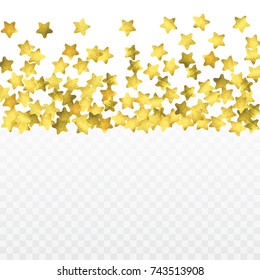 Star confetti isolated on transparent background. Falling magic particles. Celebration card template with watercolor gold gouache elements. Christmas party invitation mock up. Starry winner backdrop. 