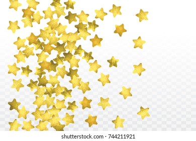 Star confetti isolated on transparent background. Falling magic particles. Celebration card template with watercolor gold gouache elements. Christmas party invitation mock up. Starry winner backdrop. 