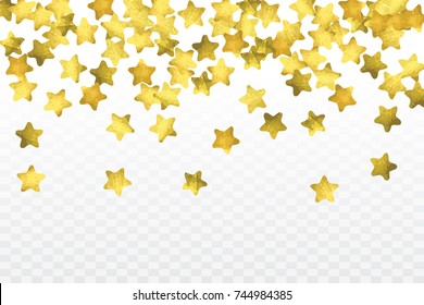 Star confetti isolated on transparent background. Falling magic particles. Celebration card template with watercolor gold gouache elements. Christmas party invitation mock up. Starry winner backdrop. 