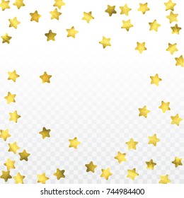 Star confetti isolated on transparent background. Falling magic particles. Celebration card template with watercolor gold gouache elements. Christmas party invitation mock up. Starry winner backdrop. 