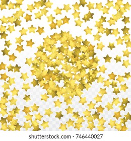 Star confetti isolated on transparent background. Falling magic particles. Celebration card template with watercolor gold gouache elements. Christmas party invitation mock up. Starry winner backdrop. 
