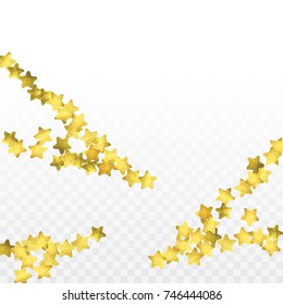 Star confetti isolated on transparent background. Falling magic particles. Celebration card template with watercolor gold gouache elements. Christmas party invitation mock up. Starry winner backdrop. 