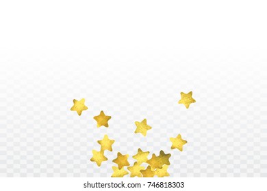 Star confetti isolated on transparent background. Falling magic particles. Celebration card template with watercolor gold gouache elements. Christmas party invitation mock up. Starry winner backdrop. 