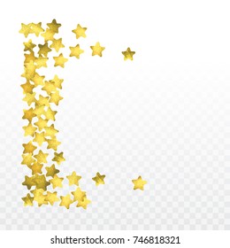 Star confetti isolated on transparent background. Falling magic particles. Celebration card template with watercolor gold gouache elements. Christmas party invitation mock up. Starry winner backdrop. 