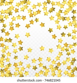 Star confetti isolated on transparent background. Falling magic particles. Celebration card template with watercolor gold gouache elements. Christmas party invitation mock up. Starry winner backdrop. 
