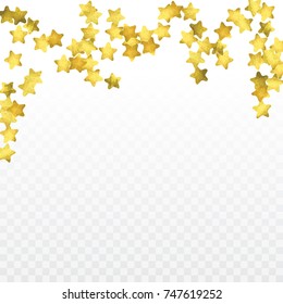 Star confetti isolated on transparent background. Falling magic particles. Celebration card template with watercolor gold gouache elements. Christmas party invitation mock up. Starry winner backdrop. 
