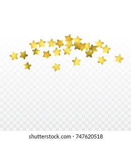 Star confetti isolated on transparent background. Falling magic particles. Celebration card template with watercolor gold gouache elements. Christmas party invitation mock up. Starry winner backdrop. 
