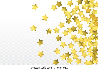Star confetti isolated on transparent background. Falling magic particles. Celebration card template with watercolor gold gouache elements. Christmas party invitation mock up. Starry winner backdrop. 