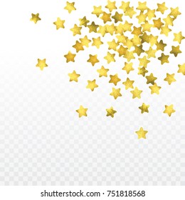 Star confetti isolated on transparent background. Falling magic particles. Celebration card template with watercolor gold gouache elements. Christmas party invitation mock up. Starry winner backdrop. 