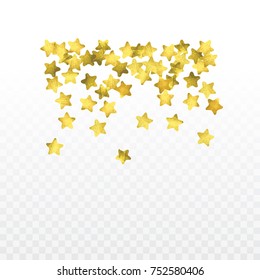 Star confetti isolated on transparent background. Falling magic particles. Celebration card template with watercolor gold gouache elements. Christmas party invitation mock up. Starry winner backdrop. 