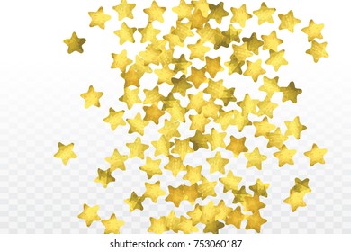 Star confetti isolated on transparent background. Falling magic particles. Celebration card template with watercolor gold gouache elements. Christmas party invitation mock up. Starry winner backdrop. 