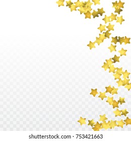 Star confetti isolated on transparent background. Falling magic particles. Celebration card template with watercolor gold gouache elements. Christmas party invitation mock up. Starry winner backdrop. 