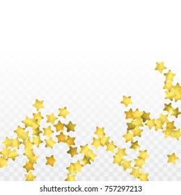 Star confetti isolated on transparent background. Falling magic particles. Celebration card template with watercolor gold gouache elements. Christmas party invitation mock up. Starry winner backdrop. 