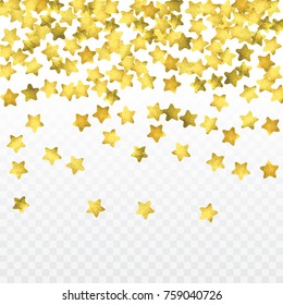Star confetti isolated on transparent background. Falling magic particles. Celebration card template with watercolor gold gouache elements. Christmas party invitation mock up. Starry winner backdrop. 